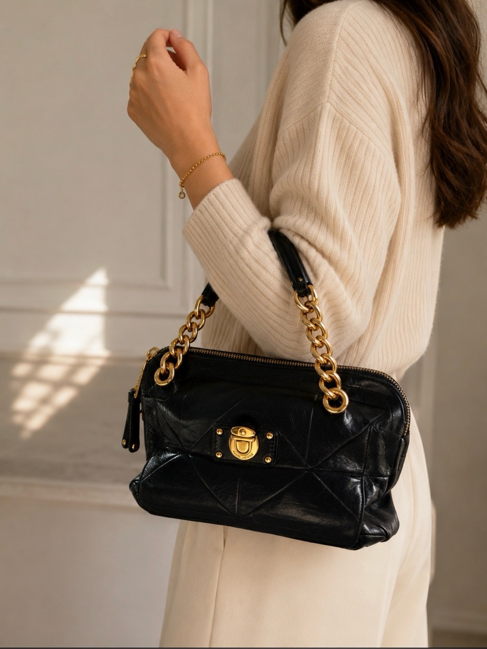 Marc Jacobs Luxurious Black Leather Satchel with Gold Accents